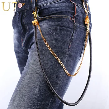 

U7 Black Leanther Waist Key Chain Wallet Belt Rock Punk Trousers Motorcyle Men Jewelry HipHop Gold Color Pant Jean Chains J009