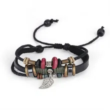 Handmade Multilayers Weave Black Leather Leaf Adjustable Wooden Beads Men Bracelets Jewelry Bijouterie For Women B26