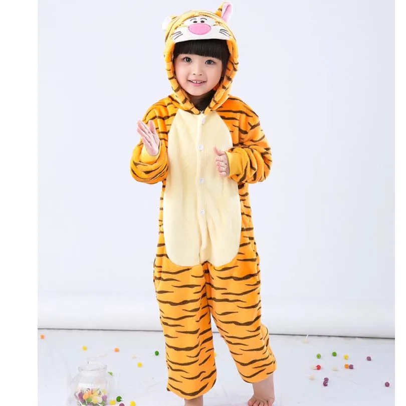 Tiger Costume Pajamas Cartoon Animal Cosplay Flannel Jumpsuit Kids Pijama Children Kigurumi Onesie Pockets Hooded Hips Zipper
