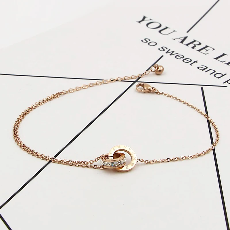 Fashion Rose Gold Color Beautiful Anklet Double Circle Chain Roman Numeral And Crystal Anklet Woman Gift Stainless Steel Jewelry Fashion Rose Gold Color Beautiful Anklet Double Circle Chain Roman Numeral And Crystal Anklet Woman Gift Stainless Steel Jewelry