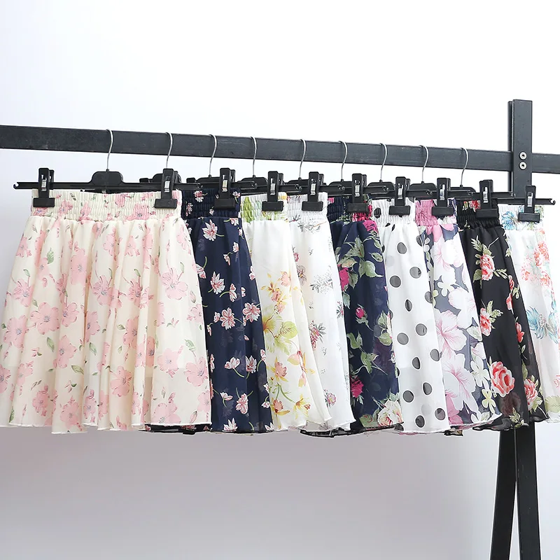 

Korean Casual Chiffon Women Skirts Summer A-Line High Waist Short Mini Skirt Pleated Skirt