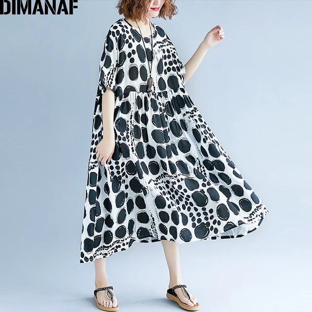 DIMANAF-Vestido largo de talla grande de lino para verano, traje holgado informal con estampado de lunares negros para mujer DIMANAF-Vestido largo de talla grande de lino para verano, traje holgado informal con estampado de lunares negros para mujer