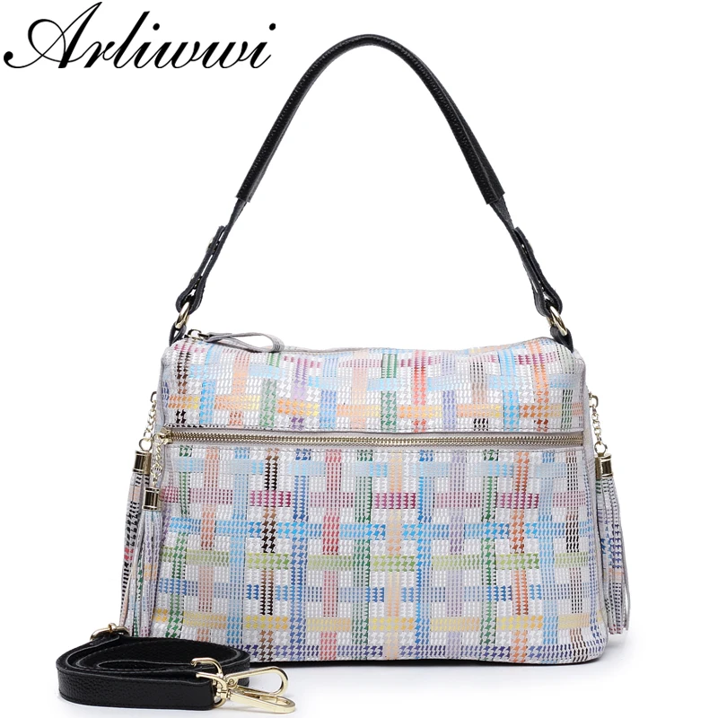 

Arliwwi Brand Luxury Colorful Plaid Embossed Real Cowhide Bag Feminine Multi Roomy Space Multi Functional Messenger Handbag Lady