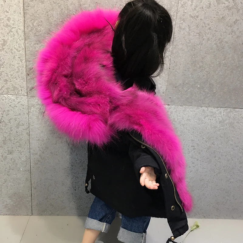 child Real Fox fur Parka Winter Jacket Natural Fox Fur Lining Parka Coat Real Large Raccoon Fur Collar Coat boy girls Parka