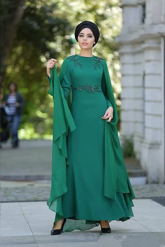 Green Muslim Evening Dresses 2019 A-line Long Sleeves Chiffon Beaded Islamic Dubai Saudi Arabic Long Formal Evening Gown