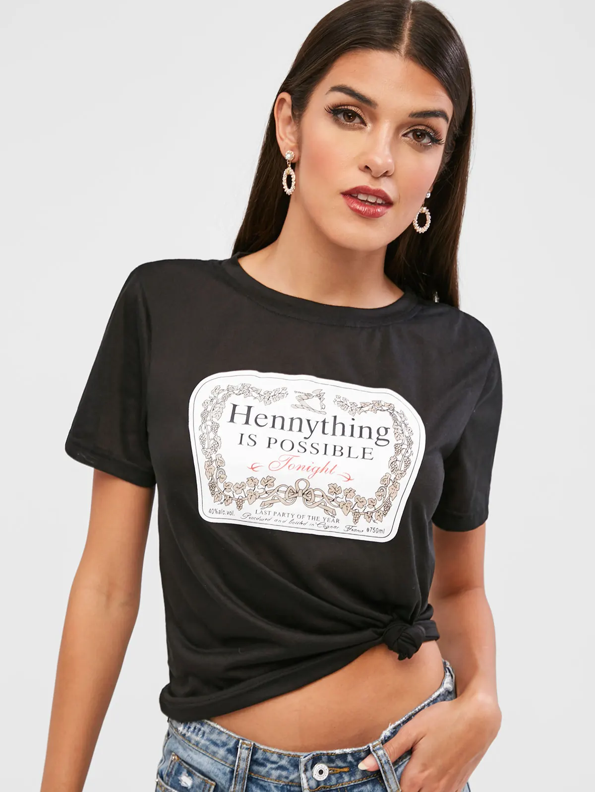 

ZAFUL Hennything Is Possible Graphic Tee Short Sleeve O-Neck Black T-Shirts Women Summer Casual Tops Micro-elastic Streetwear
