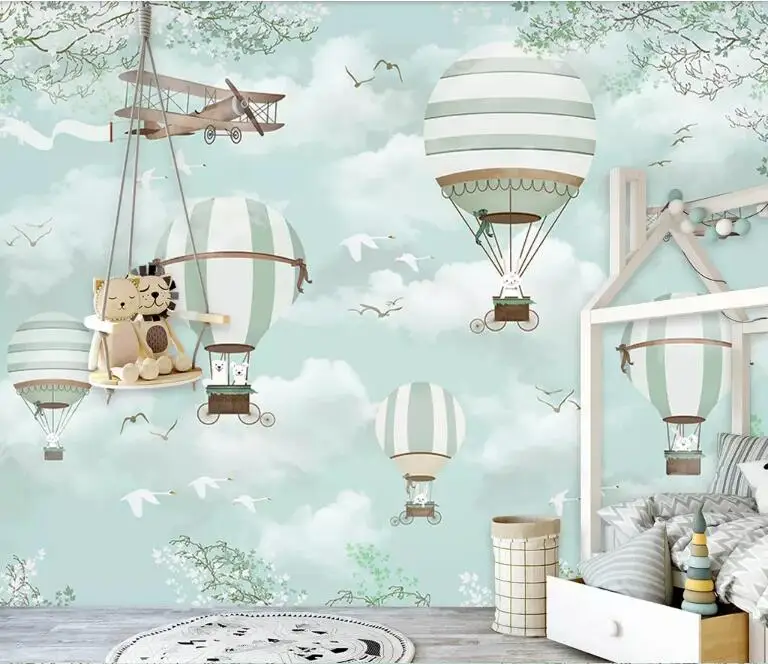 Beibehang Индивидуальные Детская комната фон стены 3d обои голубое небо белые облака воздушный шар самолет животное щенок обои
