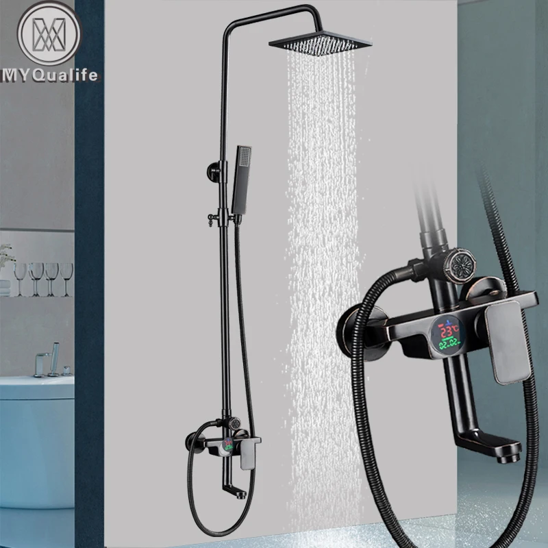 

Black LED Temperature Display Shower Faucet Kit Wall Mounted Single Handle Bath Shower Mixers 8" Rainfall Hot Cold Water Taps