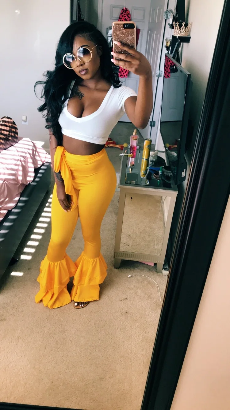 Yellow Fashion Casual Ruffles Pants Women Elastic Wide Leg Flare Pants Trousers High Waist Vintage Tunic Female Capris With Sash Yellow Fashion Casual Ruffles Pants Women Elastic Wide Leg Flare Pants Trousers High Waist Vintage Tunic Female Capris With Sash