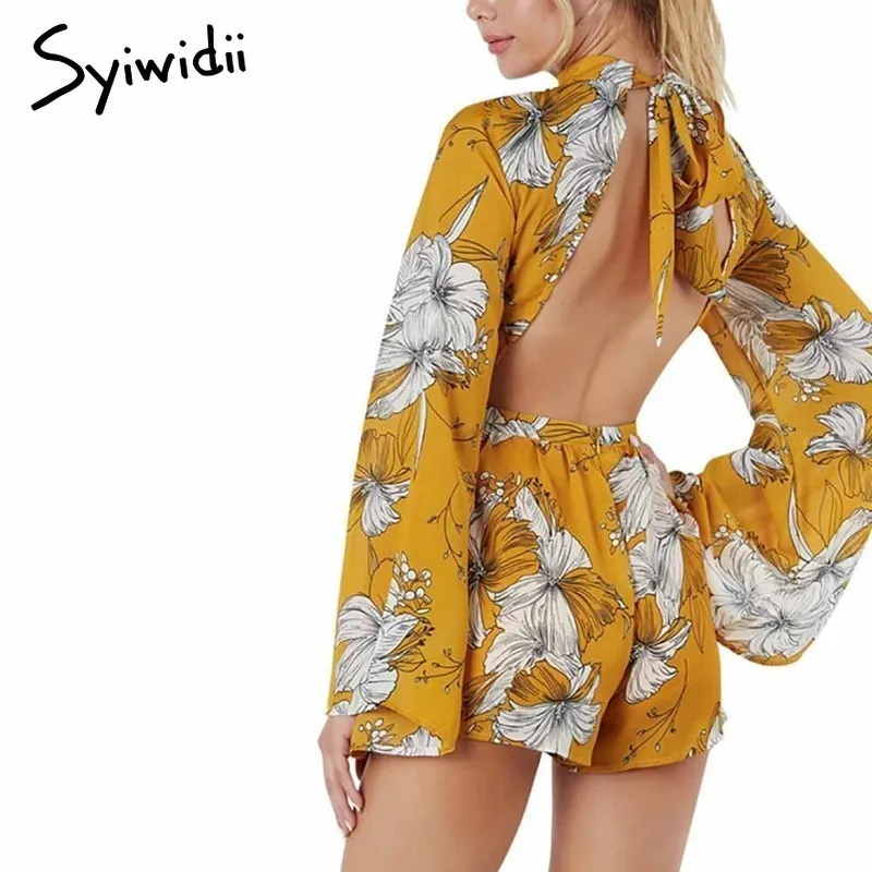 

Yellow Playsuits 2019 Summer Women's Hanging Neck Backless Long-sleeved Floral Printed Casual Vacation Beach Jumpsuit Dropship