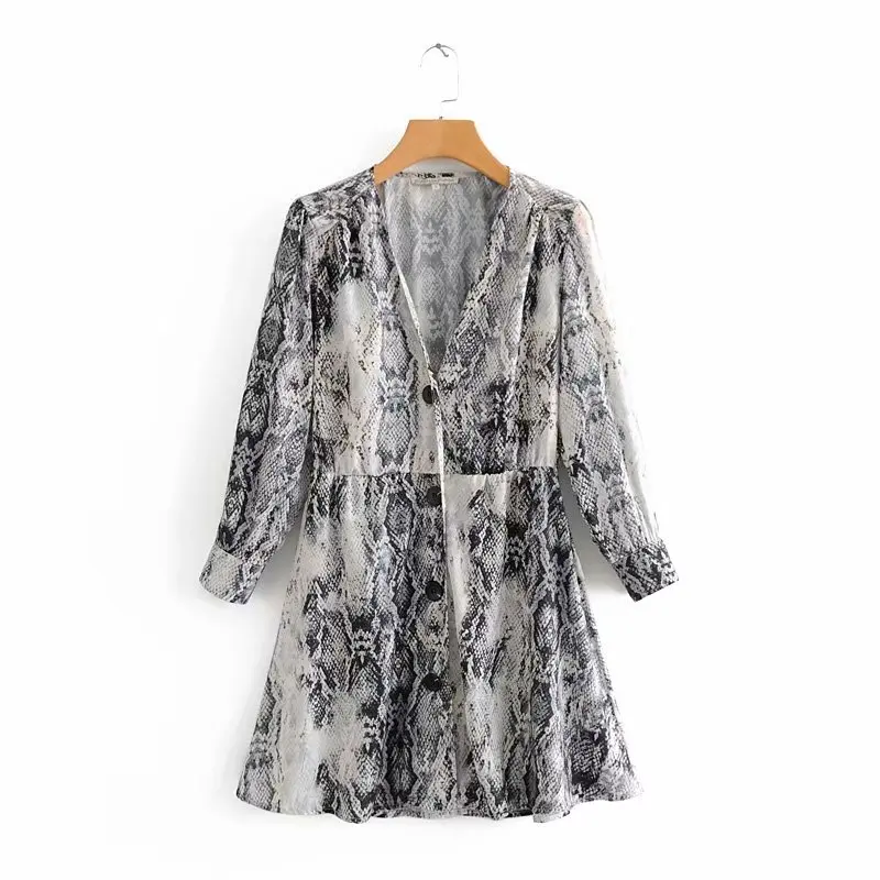 

women vintage sexy snake skin pattern printing mini dress ladies v neck long sleeve chic vestidos streetwear a line dress DS1268