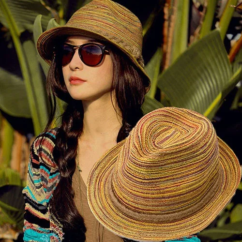 Для женщин летние богемные Стиль соломы Шапки Складная полосатый плетеная веревка пляжные Защита от солнца Hat