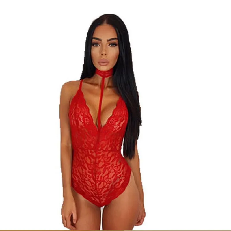 Ruoru العميق الخامس الرقبة مثير ارتداءها الصلبة المختنق شبكة الدانتيل ارتداءها النساء bodycon الصيف playsuit catsuit الجسم فام يوتار أنثى