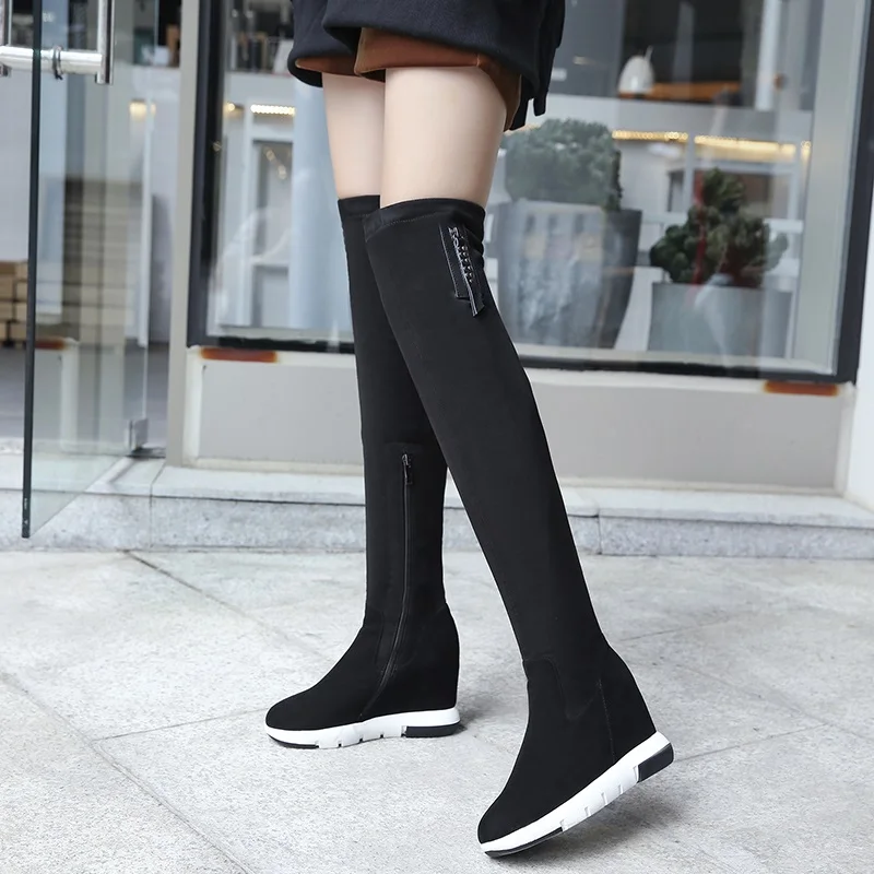 2018 Black Offre Noir Super Chaussures Plateforme New Peluche Chaud D'hiver Femmes Spéciale Rond Haute Zvq En Cuissardes Concise Bout À Zipper Coins Pour B4wEE