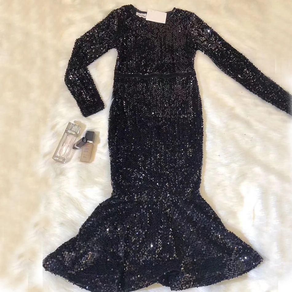 Manches Genou Rouge Noir Élégant Moulante Noir Paillettes Sexy longueur Haute rouge Robes Femmes Robe Rose Rond Longues Qualité Col x4HAH7wnvq