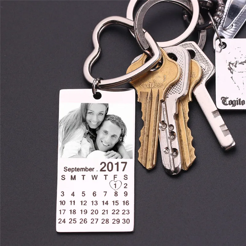 

free shipping personalized customize photo calendar keychain love date gift stainless steel souvenir keychains Heart keyring