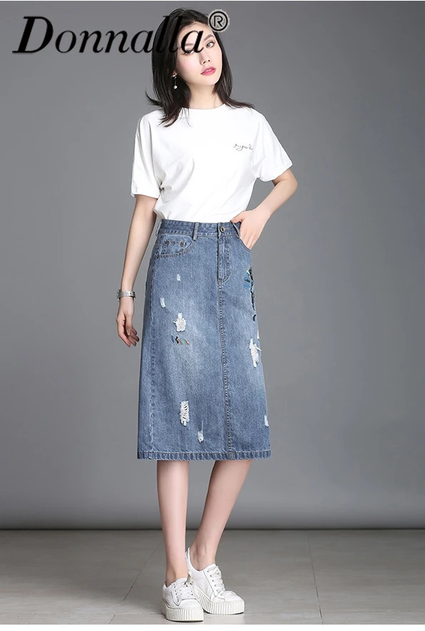 Women Denim Skirt Knee length Casual A Line Denim Skirts Womens Blue