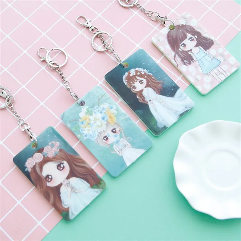 Cartoon Cute Girl Pattern Card Bag Keychain Silver Alloy Keyring Bright