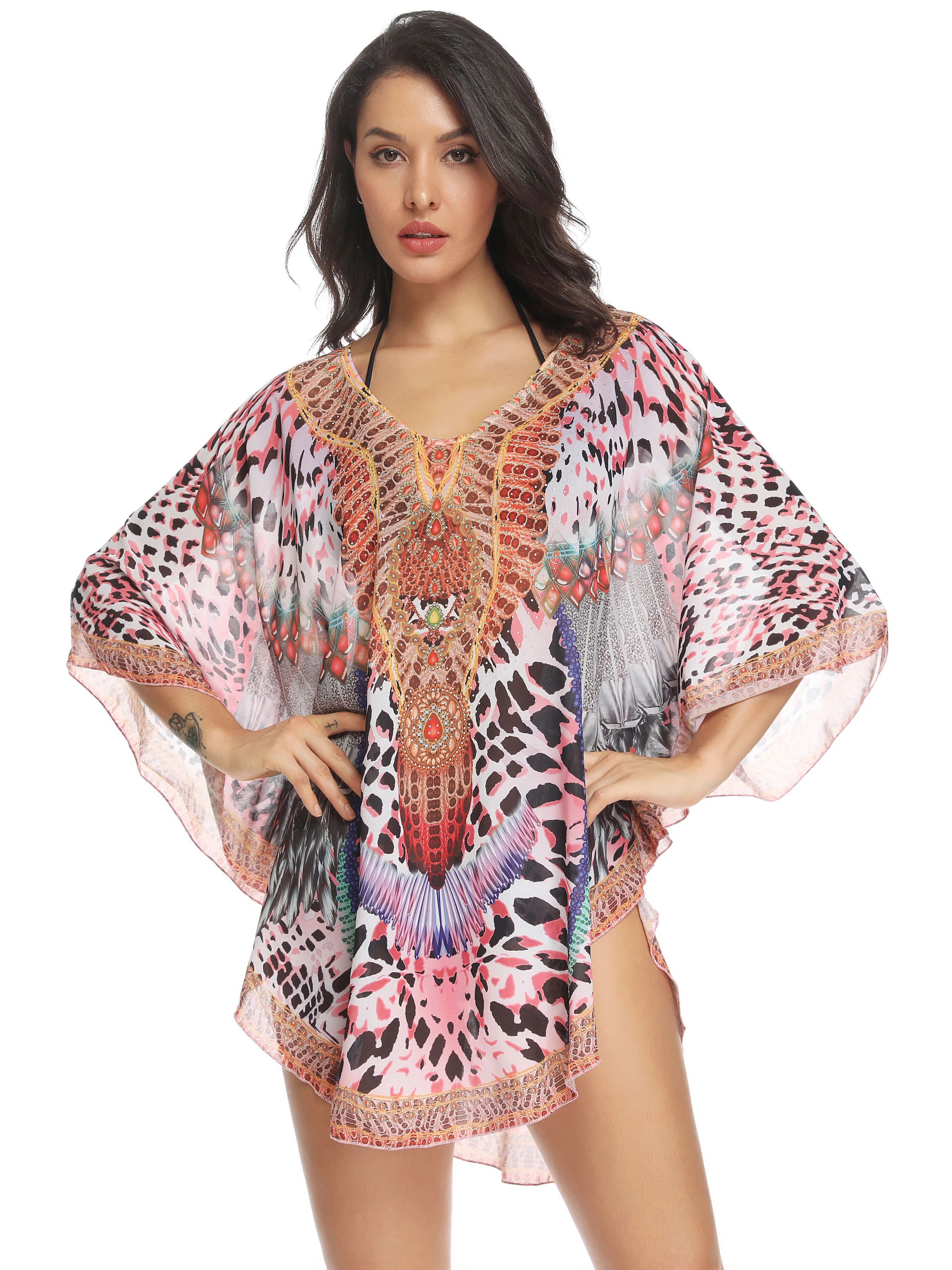 

New Sexy Cover Up Bikinisuit Chiffon with hot fix studs Leopard Placement Print Bathing Suit Swimwear Free shipping