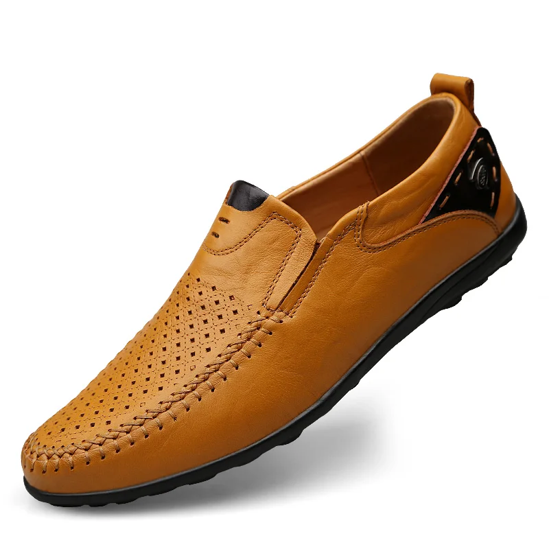 Мужская обувь; повседневные Роскошные брендовые итальянские мужские лоферы из натуральной кожи; Мокасины без шнуровки; мужские водонепроницаемые мокасины; Цвет Черный; большие размеры 37-47 - Цвет: Hollow out Yellow