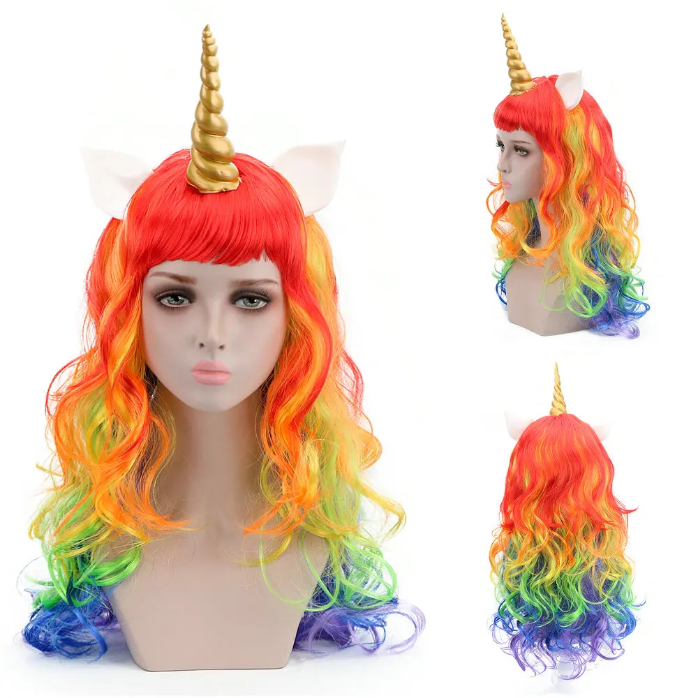 28" Unicorn Cosplay Wig Rainbow Synthetic Fake Hair Long Natural Wave