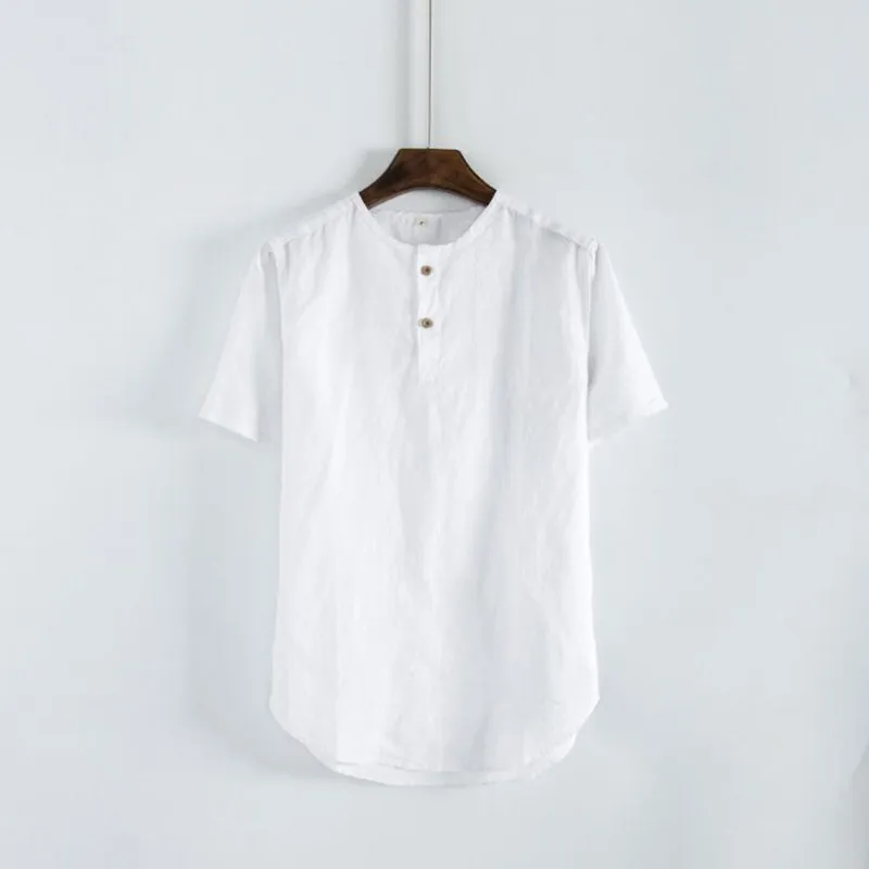 

New Spring Chinese Style Pure Linen Shirt Men's Short-sleeved Shirt Casual Round Neck Linen Shirt