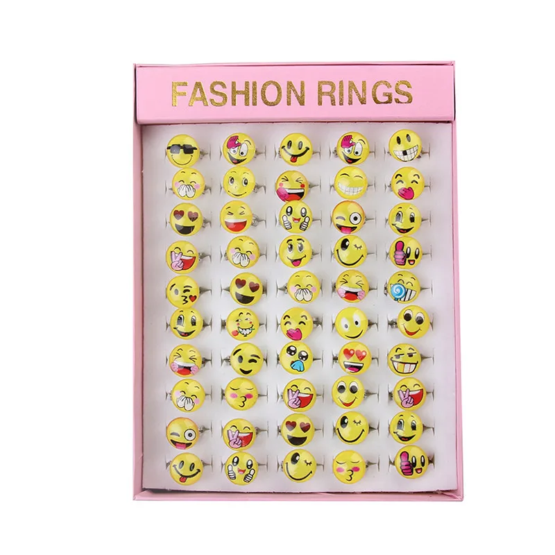 

50pcs/lots New Arrival Cute Cartoon Smiley Face Emoji finger Ring Party jewelry For Women Girl Pink box