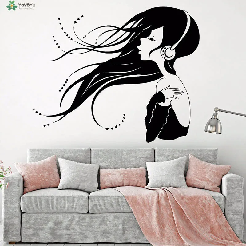

YOYOYU Vinyl Wall Decal Cartoon Girl Listening To Music Headphones Earphones Interior Salon Decoration wall Stickers FD252