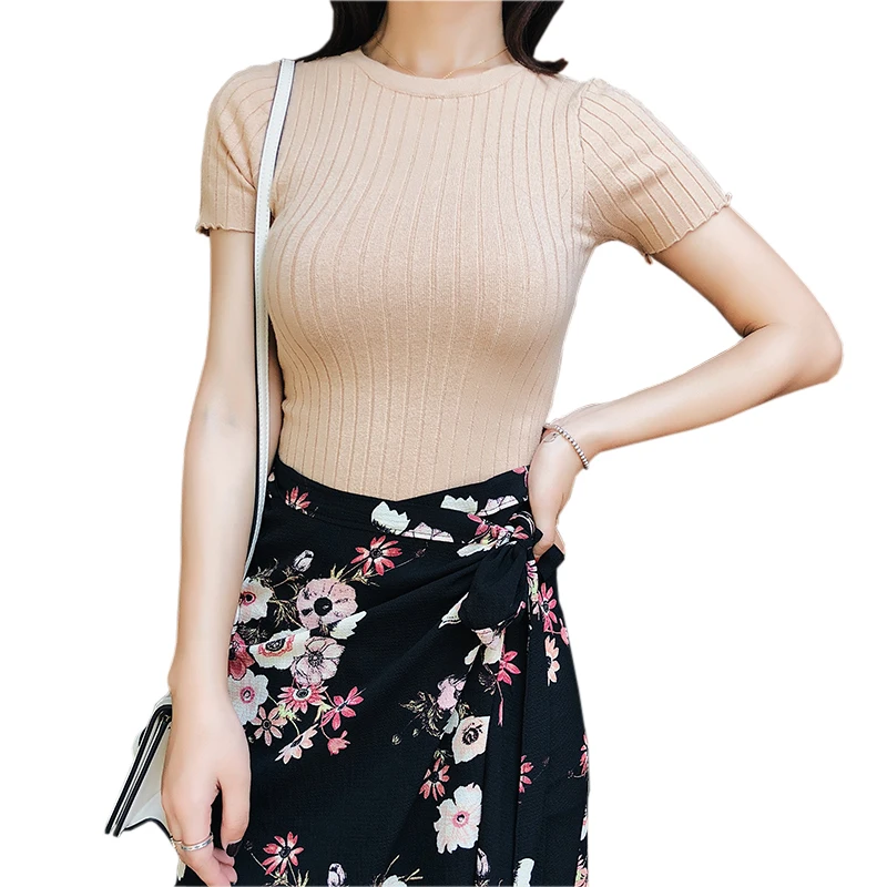 Korean Style Female T Shirt Summer Slim Short Sleeve Ribbed Knitted T
