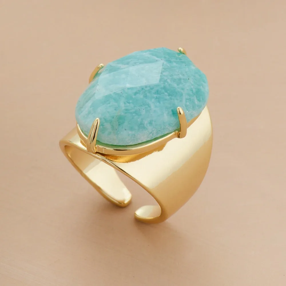

Big Stone Rings High Quality Jewelry New Fashion Gold Color Amazonite Luxury Party Ring Size 7