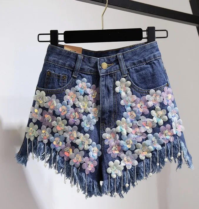 Borla e Alta Denim Pantalones Azul De Mujeres C d Verano Cortos a f Nuevas Estudiantes Manera Flor Del La 2018 Cintura Shorts b Ff8qAxA