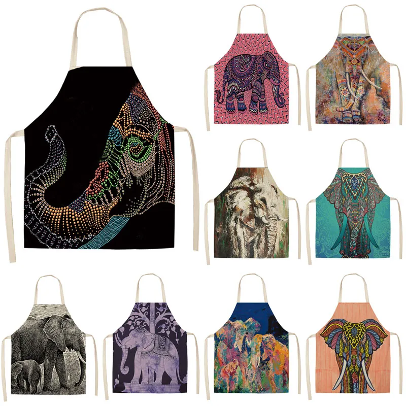 

1Pcs Elephant Pattern Kitchen Aprons Unisex Cotton Linen Bibs Home Cooking Baking Coffee Shop Cleaning Accessory 53*65cm MA0010
