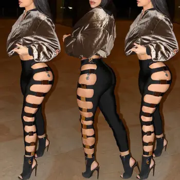 

2018 New Summer Sexy Womens Girls High Waisted Hollow Pants Lady Clubwear Bandage Extreme Ripped Underlay Black Pants SIZE 8-14