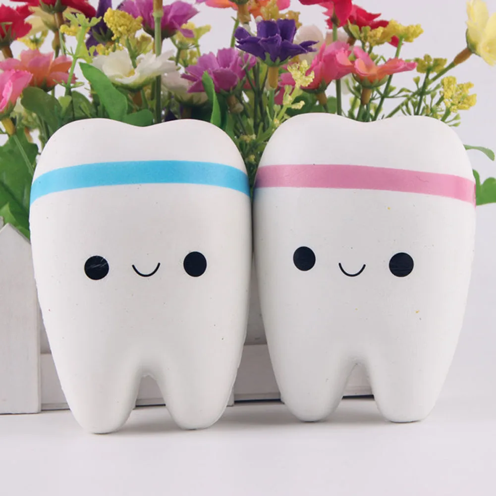 

New 11cm Kawaii Tooth Jumbo Squishy Slow Rising Phone Straps Cartoon Teeth Blue/Pink Tooth Bread for Phone/Mp3/Bag Charm Strap