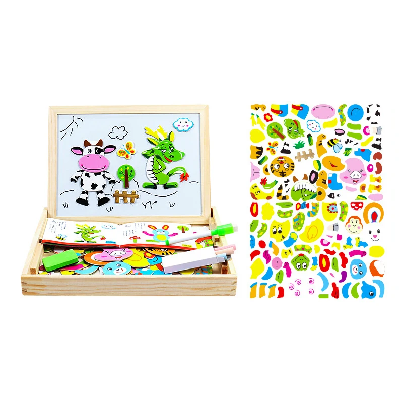Деревянные детские развивающие игрушки Магнитные головоломки игровой набор мольберт Маркерная Доска Веселые многоразовые наклейки для детей Подарки