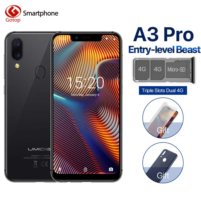 UMIDIGI A3 Pro Global Band 5,7 "19:9 полноэкранный смартфон 3 ГБ + 32 ГБ четырехъядерный Android 8,1 12 Мп + 5 Мп разблокировка лица двойной 4G мобильный телефон