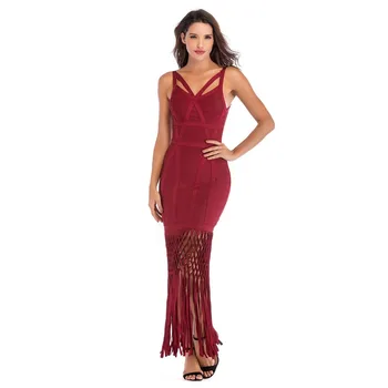 

2019 Dress Sexy Celebrity Backless Spaghetti Strap Women Tassel Sleeveless Night Club Bandage Body con Party Dress Wholesale