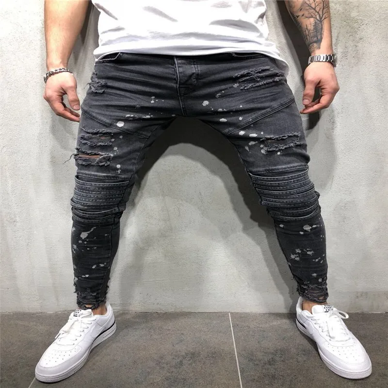 Мужские рваные длинные штаны, повседневные обтягивающие джинсы с дырками, модные дизайнерские брюки-карандаш размера плюс - Цвет: Черный