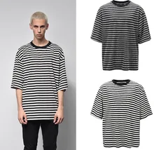 2019 Men Dropped Shoulder Loose T-shirt Black And White Striped Round Neck Short Sleeve T-shirt Men's Casual T-shirt drop shoulder striped t shirt with split