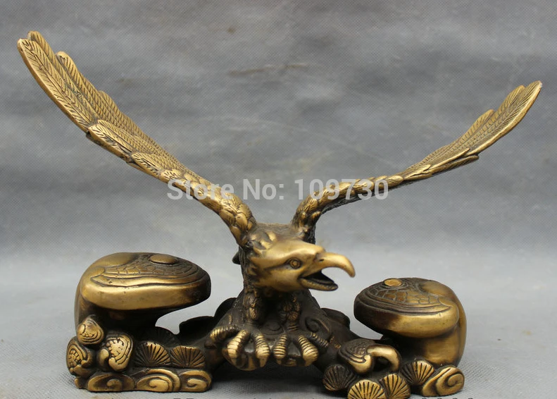 

003156 11" Chinese Bronze Folk FengShui d Fly Eagle Hawk On JiXiang RuYi Statue