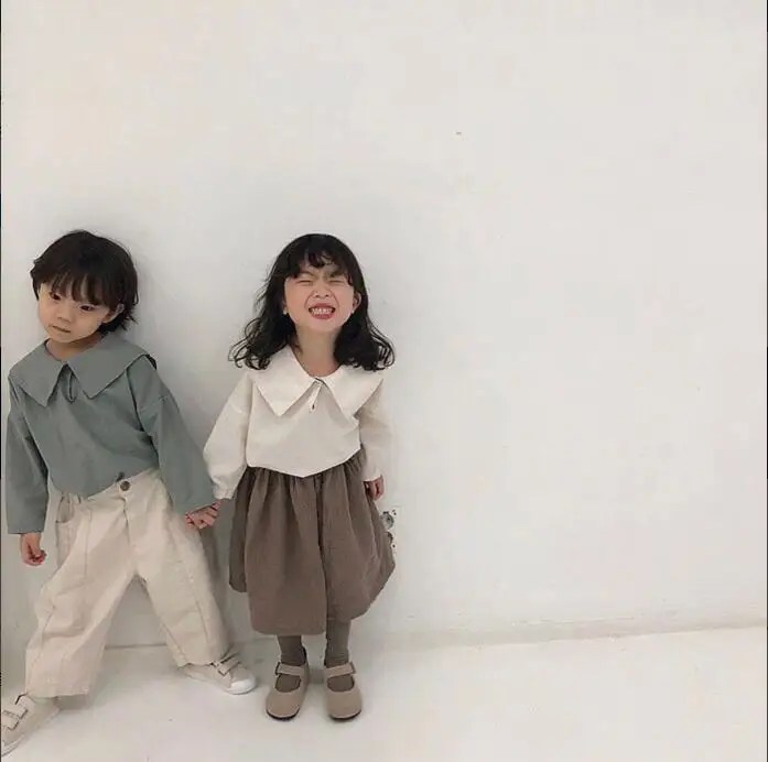 

2019 INS Sailor Collar Cotton Kids Shirts Solid Baby Girl Blouse Casual Turndown Shirts Children Girls Tops White/Grey Clothes
