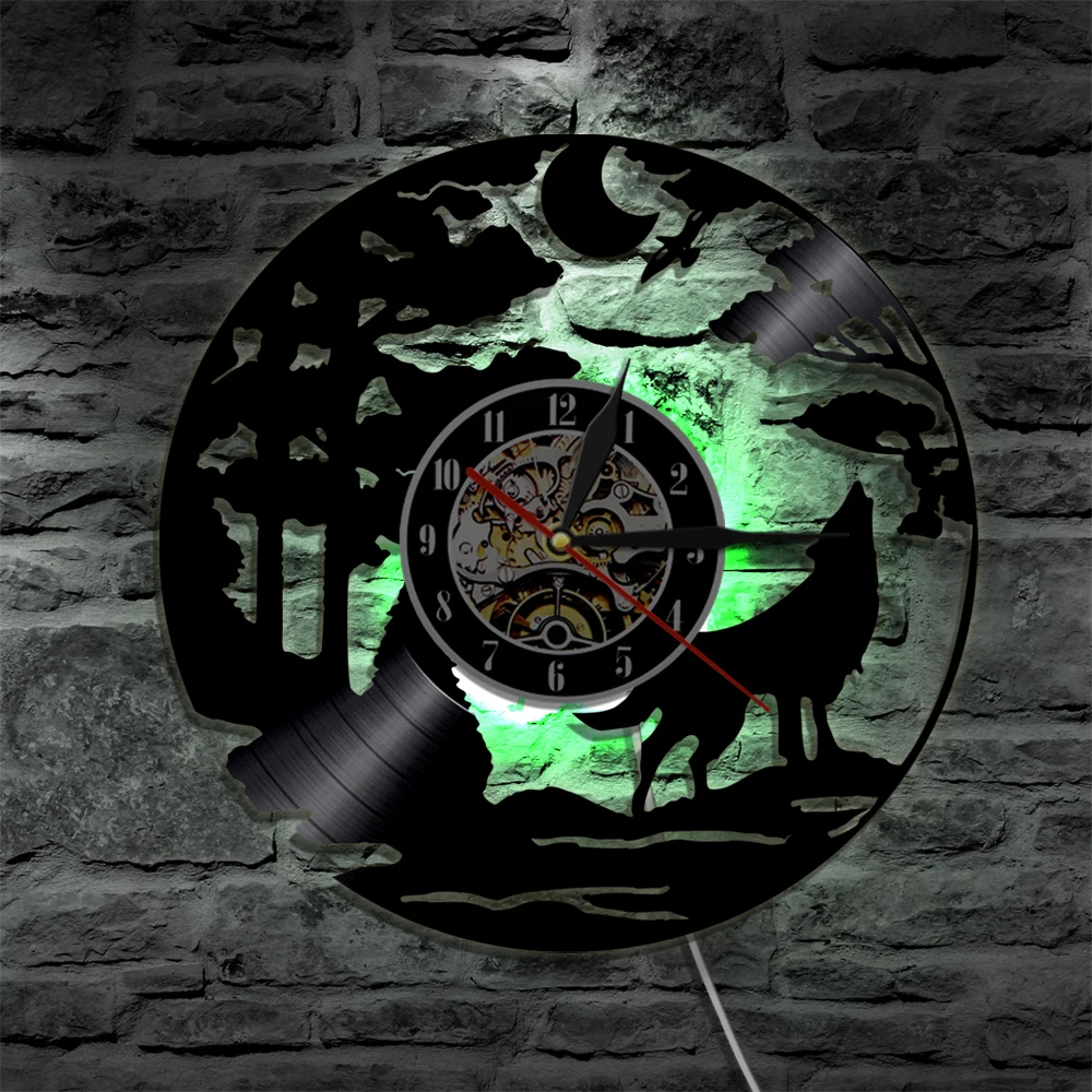 Kaufen 1 stück Wolf LED Silhouette Hintergrundbeleuchtung Tiere Vinyl Uhr Farbe Ändern Atmosphäre Kühlen Wohnzimmer Interior Decor Wand Kunst