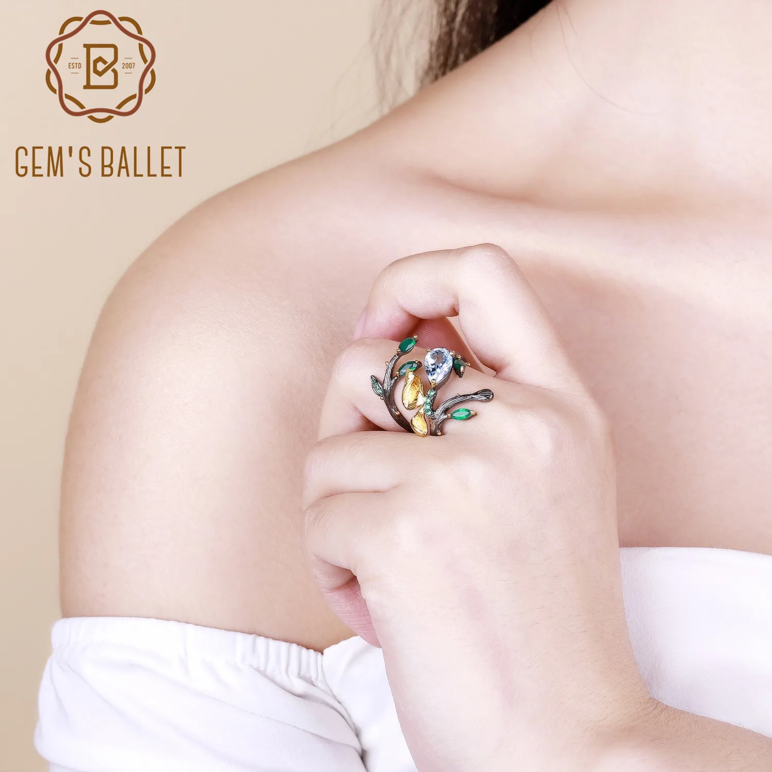 GEM'S BALLET 2.29Ct натуральное небесно-голубое топазовое кольцо 925 пробы Серебряное Оригинальное весеннее кольцо с бабочкой для женщин ювелирные изделия