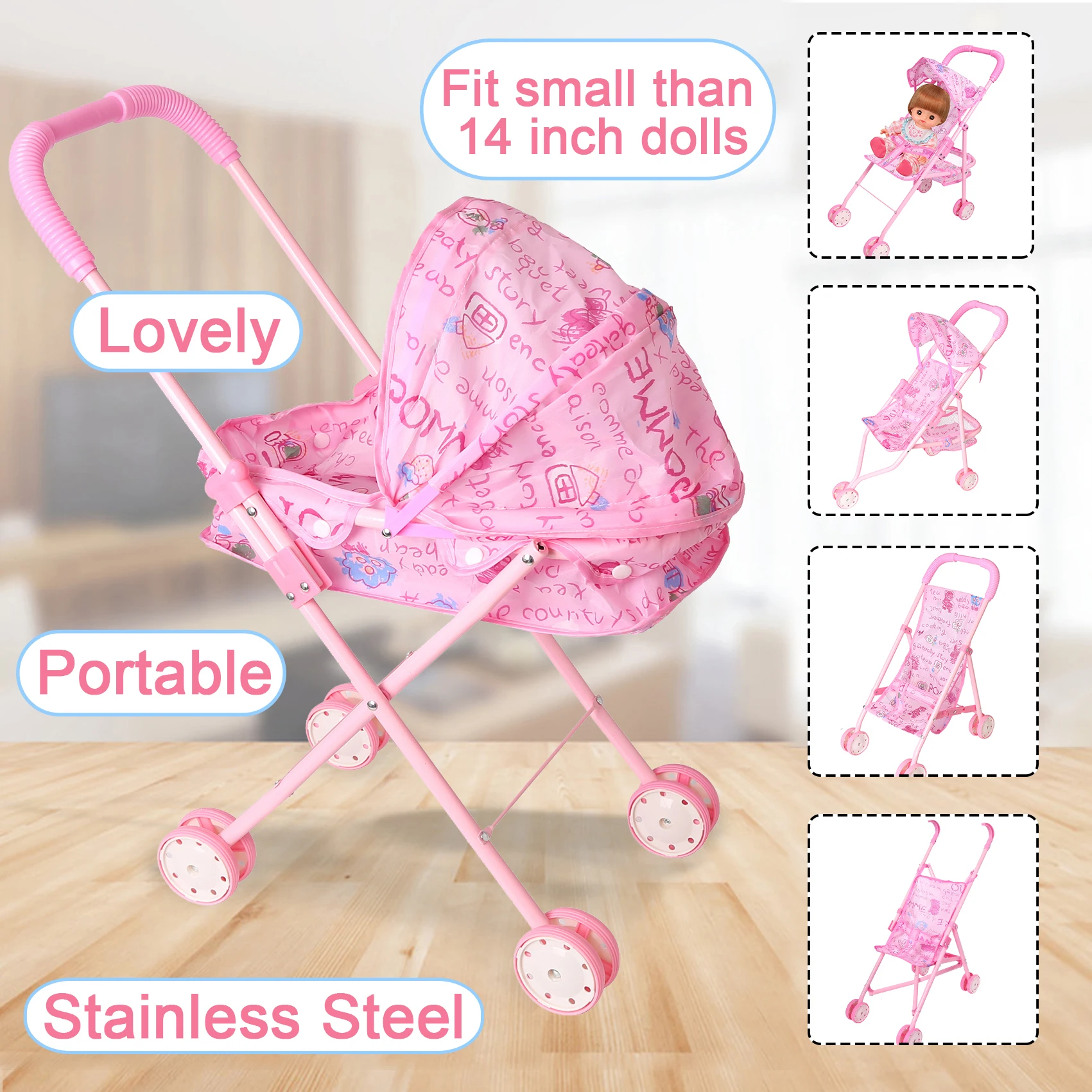 Dolls Accessories Baby Doll Carts Stroller Pink Foldable