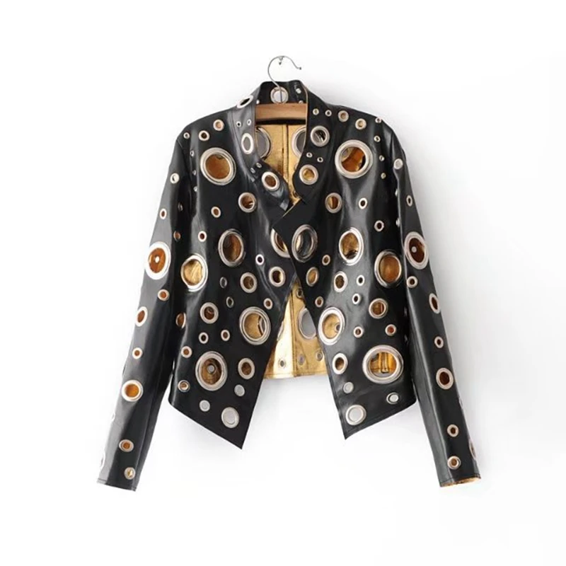 

Brieuce Style Fashion Heavy Metal Circle Hollow Out Leather Motorcycle Jacket Women Slim Style Spring Autumn Jacket outerwear