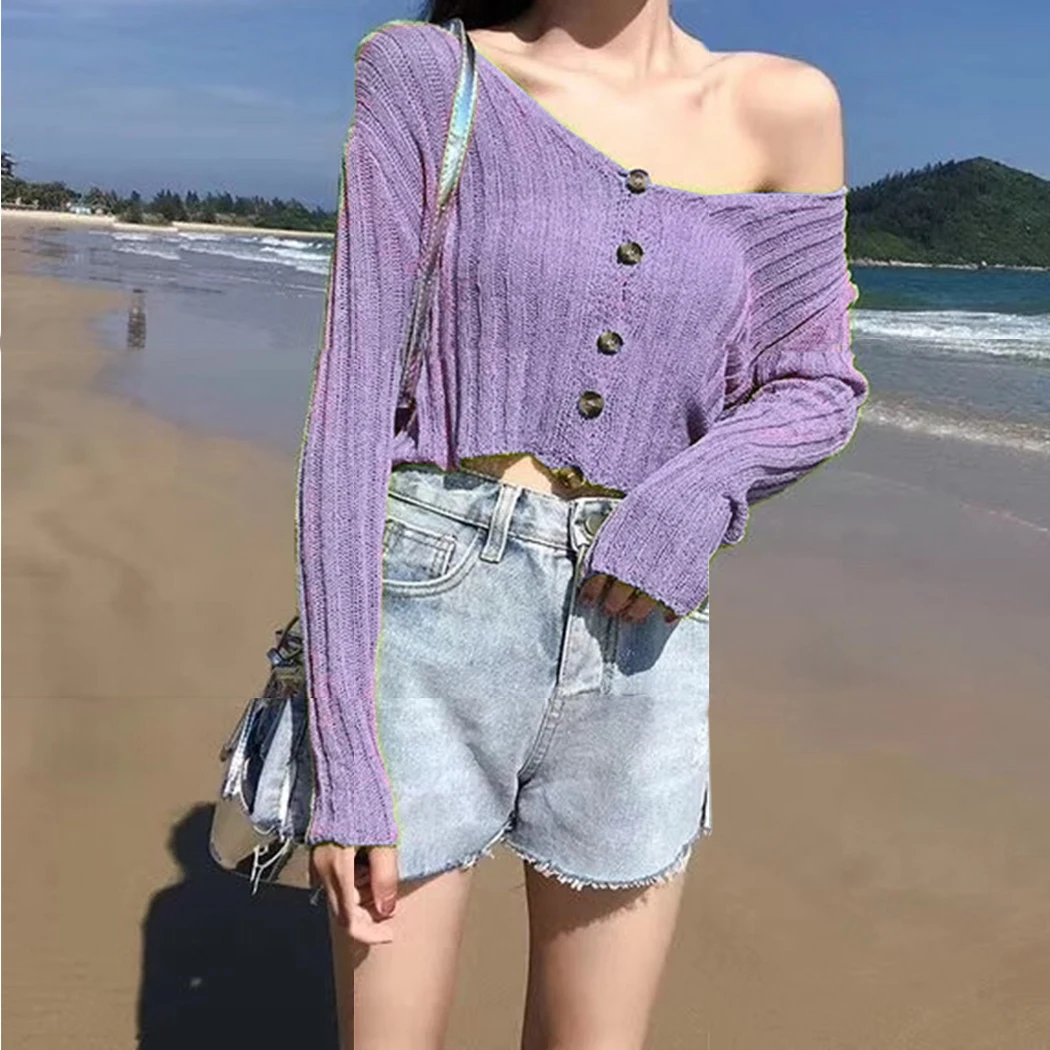 

Summer V Neck Striped Thin Sweater Top Women Knitted Crop Tops Casual Long Sleeve Off Shoulder Top Elastic Camisole Blusa