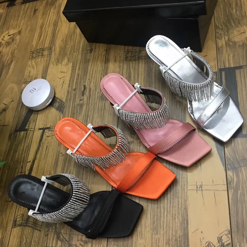 

Hot Shoes Woman Cow Leather Slippers Crystal Fringe High Heels Slippers Woman Zapatos De Mujer Outside Slippers Shoes Woman