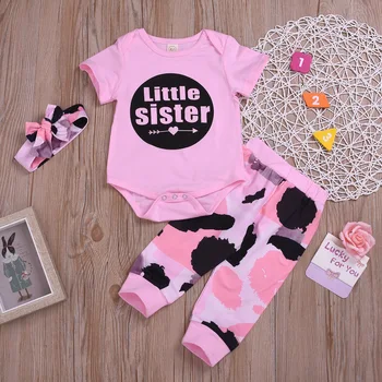 

sister 2019 summer 3 pcs set baby girl Infant baby Pink camouflage Outfits with headscarf T-shirt Pants kids clothes Sets