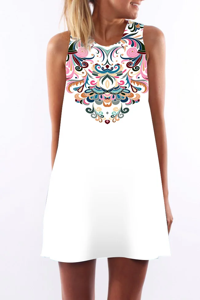 2018 Summer Dress Women Floral Print Polyester Dress Sleeveless Boho Style Short Beach Dress Sundress Casual Shift Dresses (12)