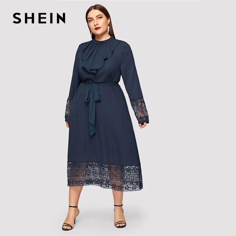 SHEIN Navy Women Plus Size Elegant Contrast Lace Belted Ruffle Trim ...